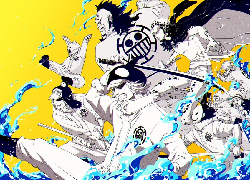 trafalgar law, bepo, penguin, shachi, ikkaku, and 4 more (one piece) drawn by marutter2