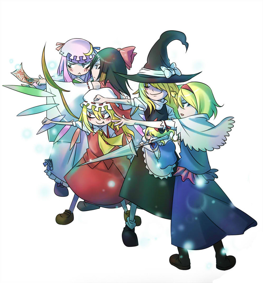 hakurei reimu, kirisame marisa, flandre scarlet, alice margatroid, patchouli knowledge, and 1 more (touhou) drawn by tokomichi
