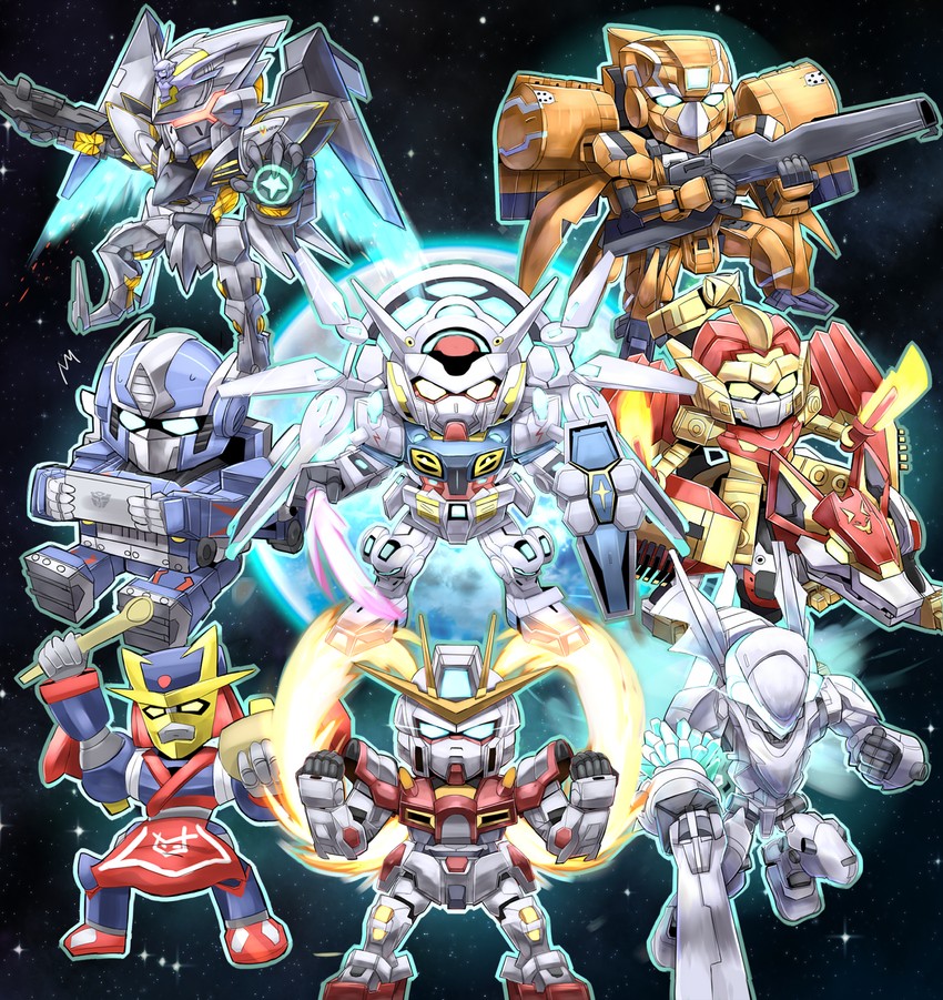optimus prime, g-self, kg-6 sleipnir, build burning gundam, mark sein, and 4 more (gundam and 11 more) drawn by nonon_(xenonbot)