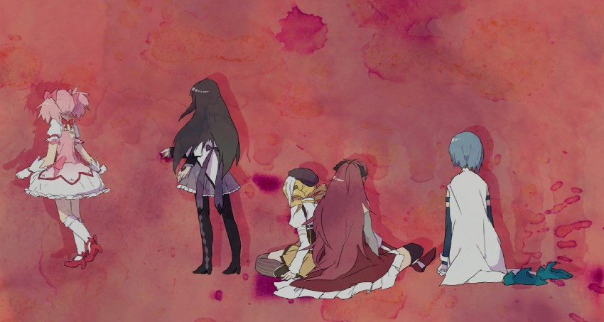 akemi homura, kaname madoka, miki sayaka, sakura kyoko, and tomoe mami (mahou shoujo madoka magica) drawn by karubi_(megy)