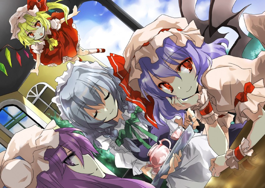 remilia scarlet, flandre scarlet, izayoi sakuya, and patchouli knowledge (touhou) drawn by kyrish