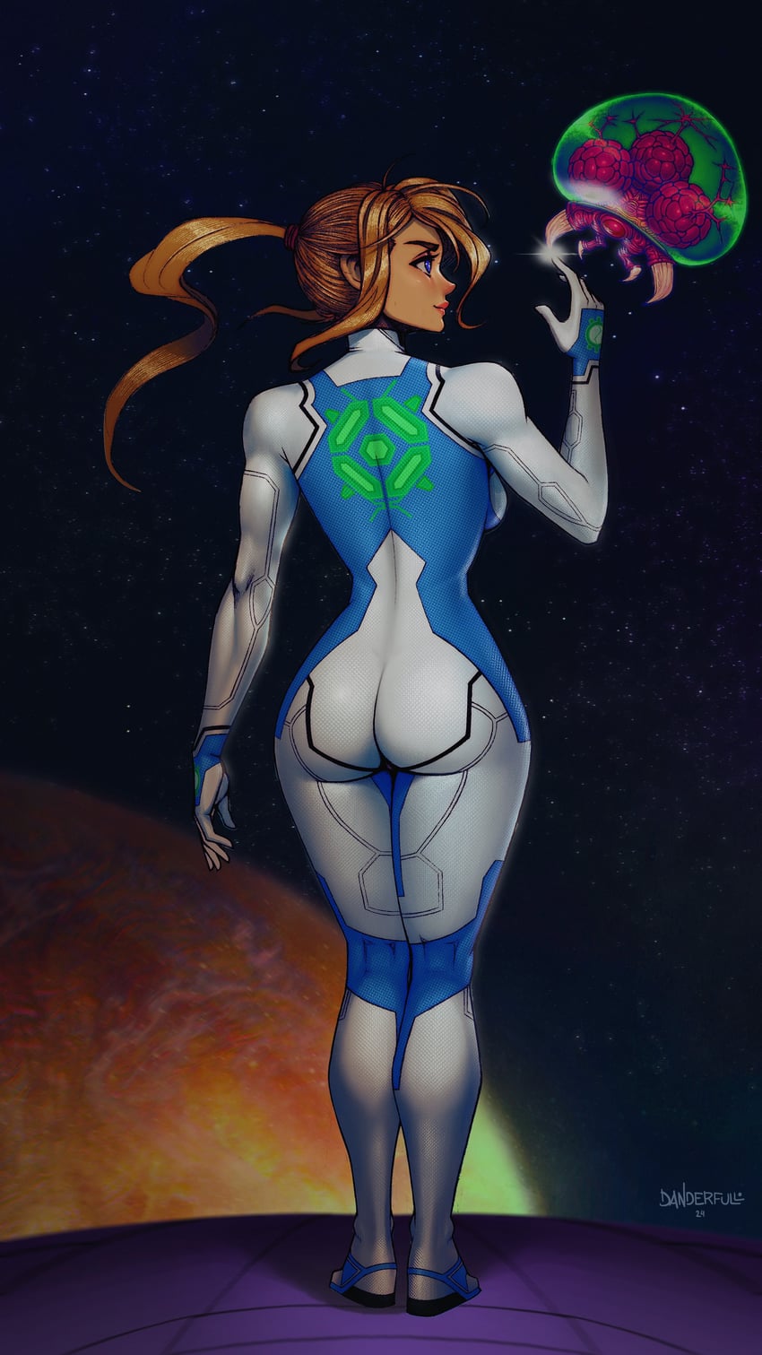 samus aran, metroid, and metroid larva (metroid) drawn by danderfull