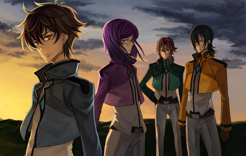 tieria erde, setsuna f. seiei, lockon stratos, allelujah haptism, and lyle dylandy (gundam and 1 more) drawn by osamu_(jagabata)