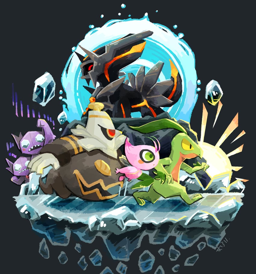 celebi, sableye, dialga, dusknoir, grovyle, and 1 more (pokemon and 2 more) drawn by oroi_(kirby-0427)