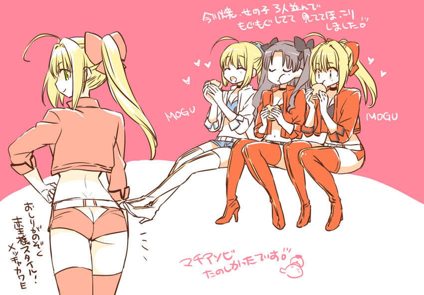 artoria pendragon, saber, nero claudius, and tohsaka rin (fate and 2 more) drawn by yakan_(kusogaki_teikoku)