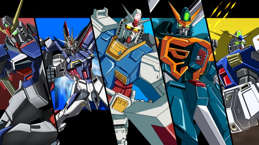 rx-78-2 gundam, destiny gundam, gundam alex, impulse gundam, calamity gundam, and 3 more (gundam and 6 more) drawn by gundrass