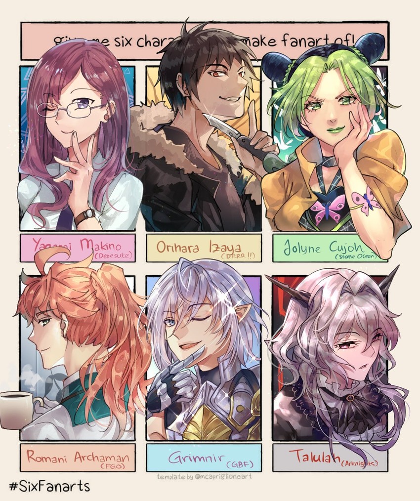 kujo jolyne, romani archaman, orihara izaya, talulah, yagami makino, and 1 more (fate and 8 more) drawn by sagta_panggang
