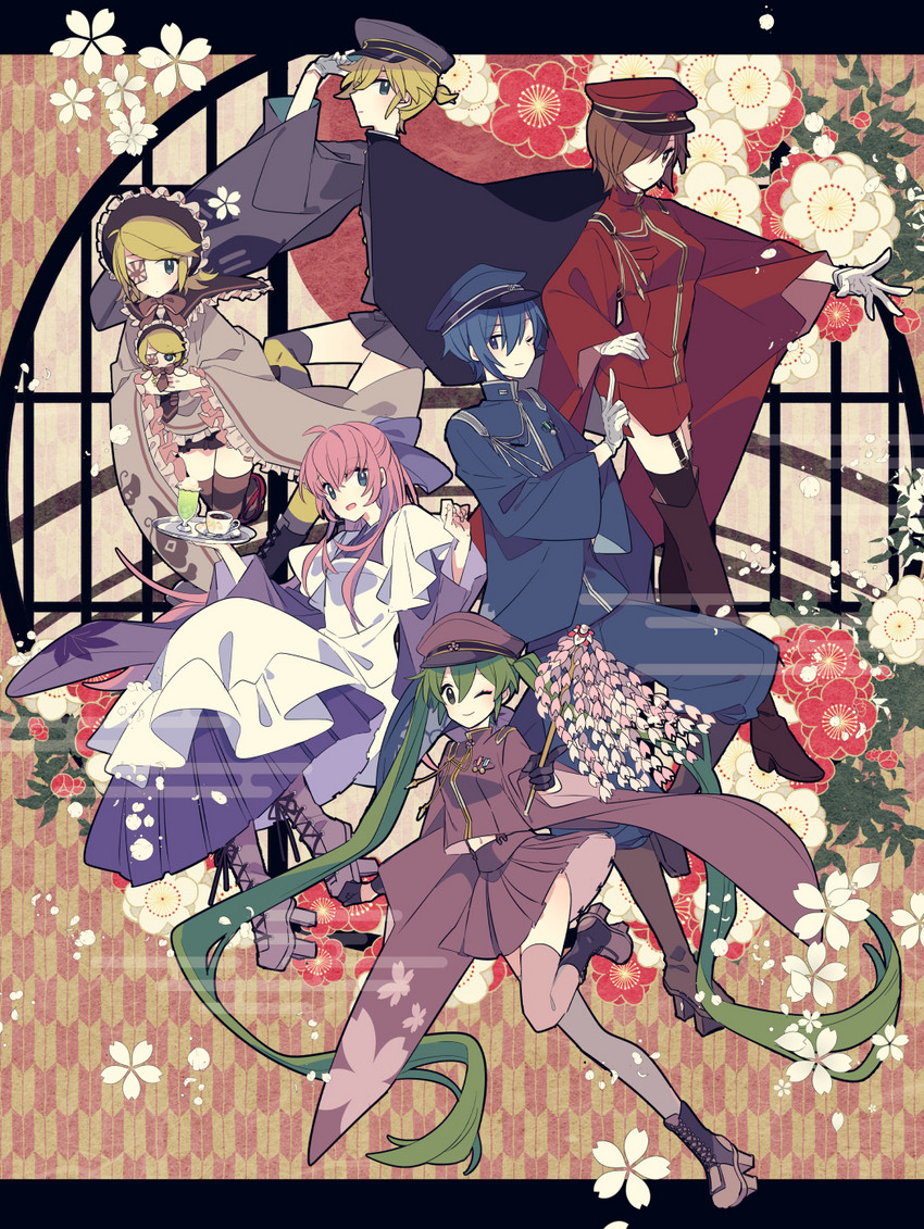hatsune miku, kagamine rin, kagamine len, megurine luka, meiko, and 1 more (vocaloid and 1 more) drawn by yoshiki