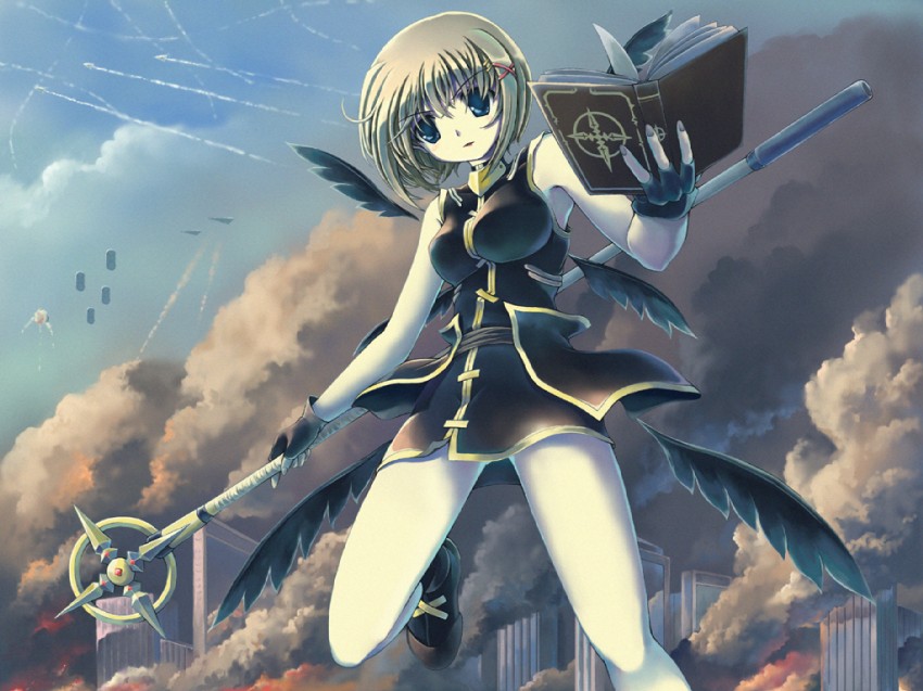 yagami hayate, schwertkreuz, tome of the night sky, and gadget drone (lyrical nanoha and 2 more) drawn by ranranloo