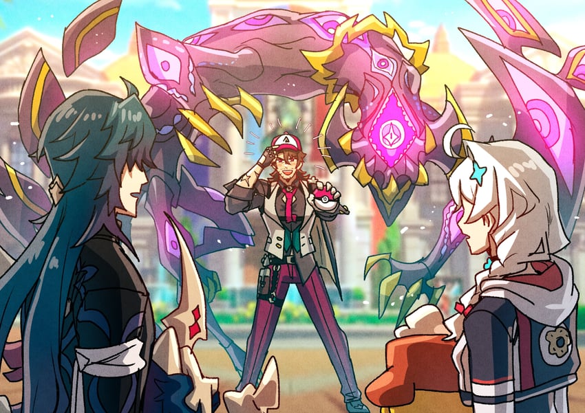 kiana kaslana, blade, gallagher, and something unto death (pokemon and 3 more) drawn by oneirio
