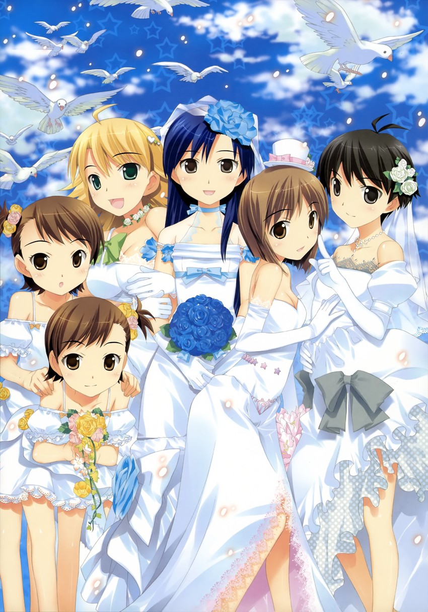 hoshii miki, kisaragi chihaya, kikuchi makoto, hagiwara yukiho, futami mami, and 1 more (idolmaster) drawn by fujima_takuya