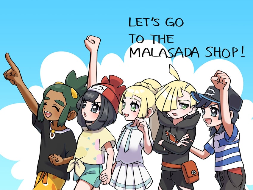 lillie, selene, elio, gladion, and hau (pokemon and 1 more) drawn by pitorigoto