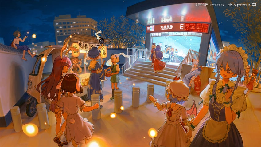 hakurei reimu, kirisame marisa, remilia scarlet, izayoi sakuya, konpaku youmu, and 11 more (touhou and 1 more) drawn by hannsu