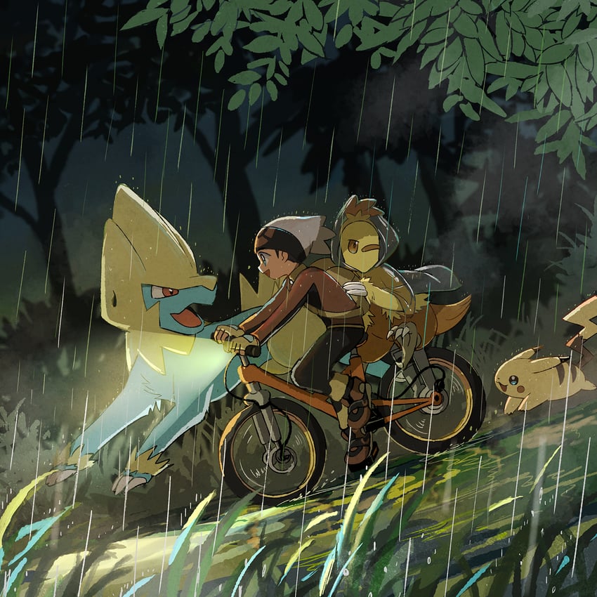 pikachu, brendan, manectric, and combusken (pokemon and 1 more) drawn by popcorn_91