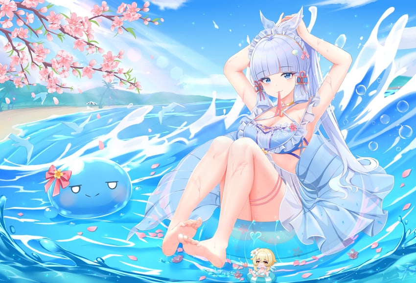 lumine, kamisato ayaka, slime, and hydro slime (genshin impact) drawn by zhui_ming_ying_xue