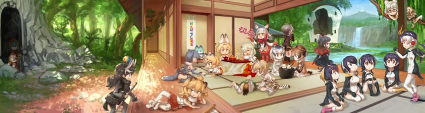 serval, lucky beast, japanese crested ibis, northern white-faced owl, emperor penguin, and 16 more (kemono friends) drawn by murakami_hisashi