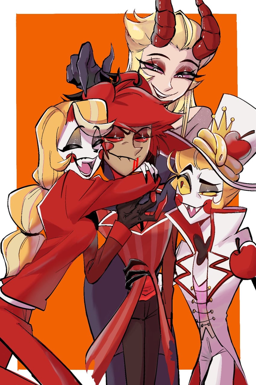 lucifer morningstar, charlie morningstar, alastor, and lilith (hazbin hotel) drawn by shikasennbee