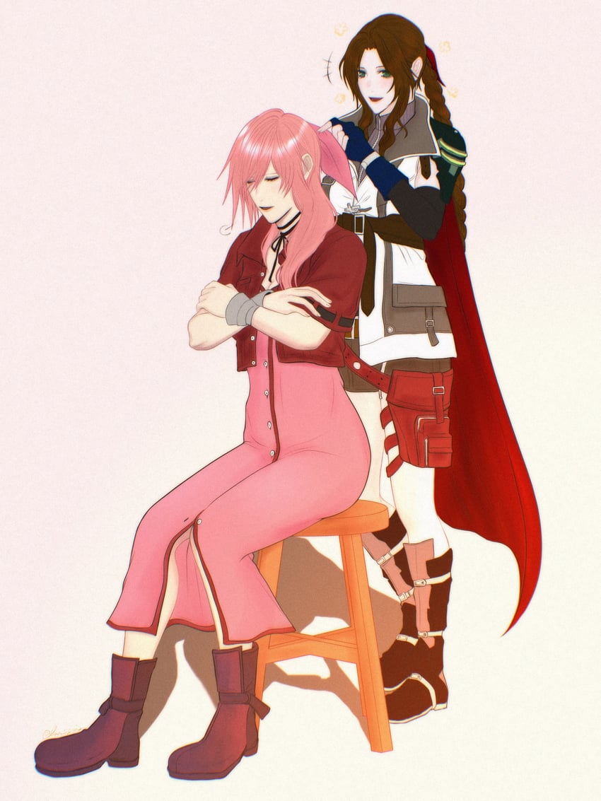 aerith gainsborough, lightning farron, and sakamoto maaya (final fantasy and 3 more) drawn by lux_spei
