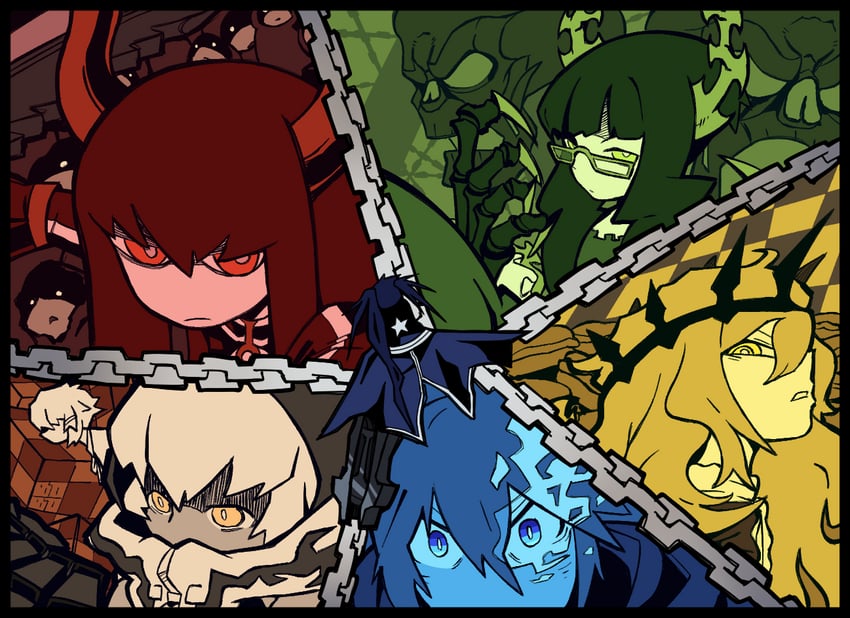 black rock shooter, dead master, strength, black gold saw, and chariot (black rock shooter) drawn by bobobaba