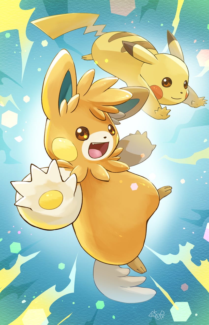 pikachu and pawmot (pokemon) drawn by yamaori_(hakkentai_pokedan)