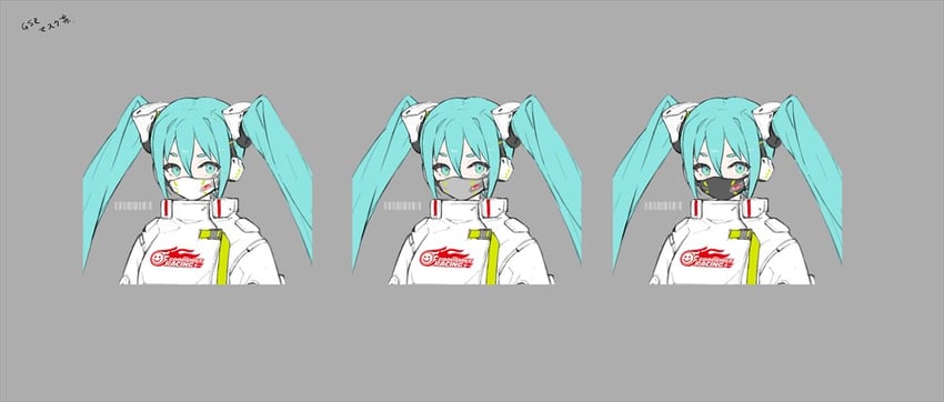 hatsune miku and racing miku (vocaloid and 1 more) drawn by neco