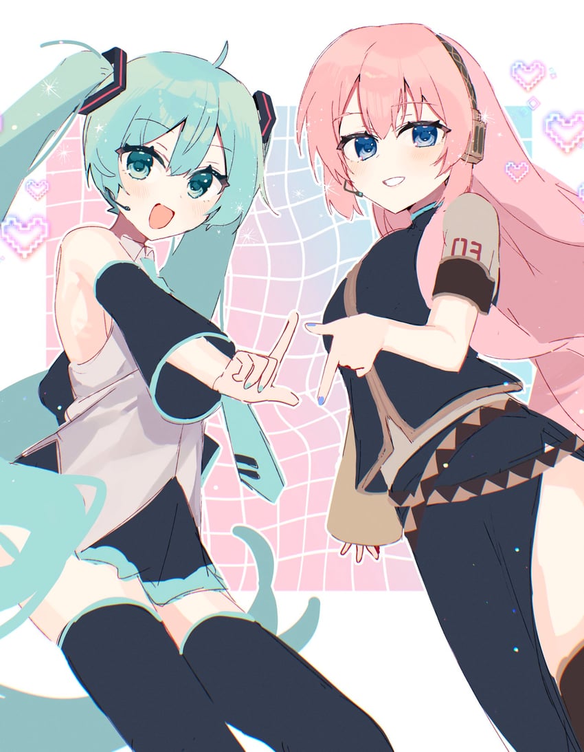 hatsune miku and megurine luka (vocaloid) drawn by tsuchinoko_(tutituti0125)