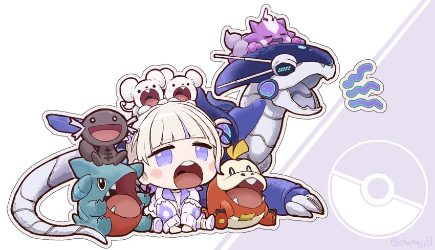 fuecoco, todoroki hajime, miraidon, gible, paldean wooper, and 2 more (pokemon and 2 more) drawn by chamaji