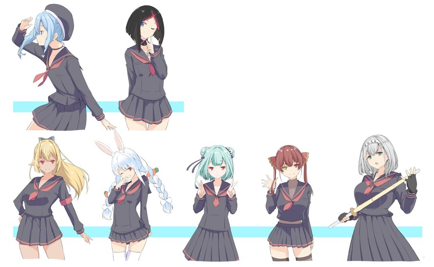 houshou marine, hoshimachi suisei, usada pekora, shirogane noel, uruha rushia, and 2 more (hololive) drawn by kichihachi