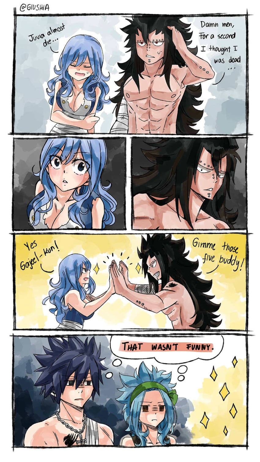 juvia lockser, gray fullbuster, levy mcgarden, and gajeel redfox (fairy tail) drawn by giushia