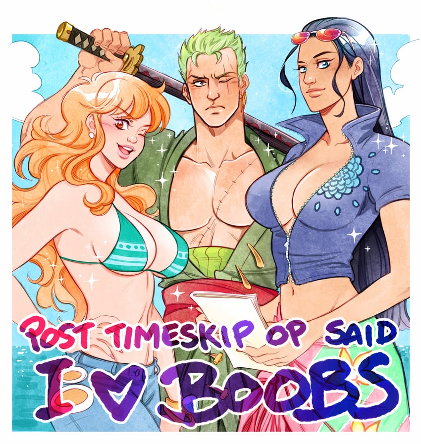 nami, nico robin, and roronoa zoro (one piece) drawn by delichuu