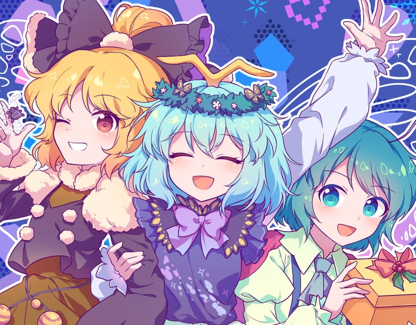 wriggle nightbug, kurodani yamame, and eternity larva (touhou) drawn by kaoling