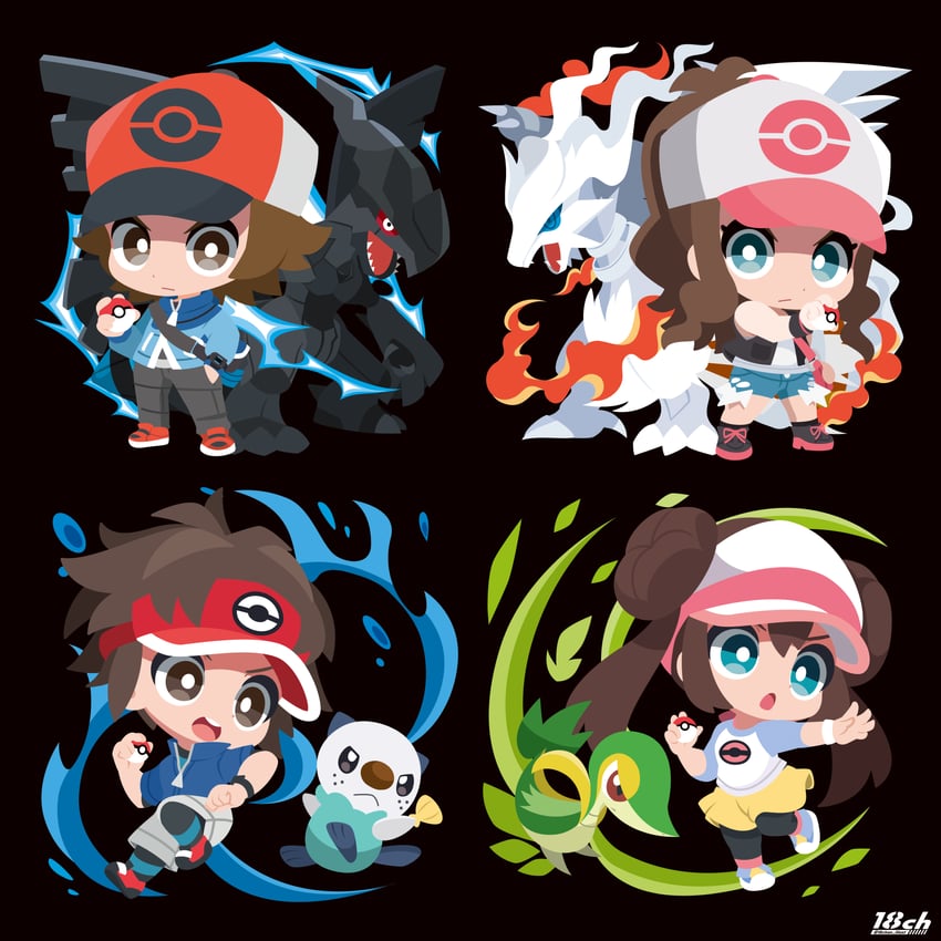 rosa, hilda, hilbert, oshawott, snivy, and 3 more (pokemon and 2 more) drawn by 18ch