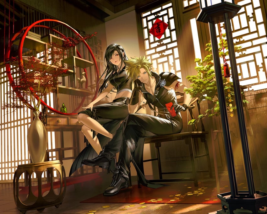 tifa lockhart, cloud strife, and fenrir (final fantasy and 2 more) drawn by duoj_ji
