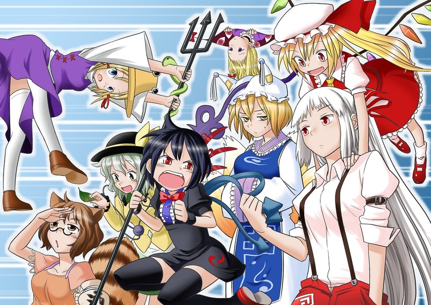 flandre scarlet, komeiji koishi, yakumo yukari, fujiwara no mokou, yakumo ran, and 3 more (touhou) drawn by fuuzasa