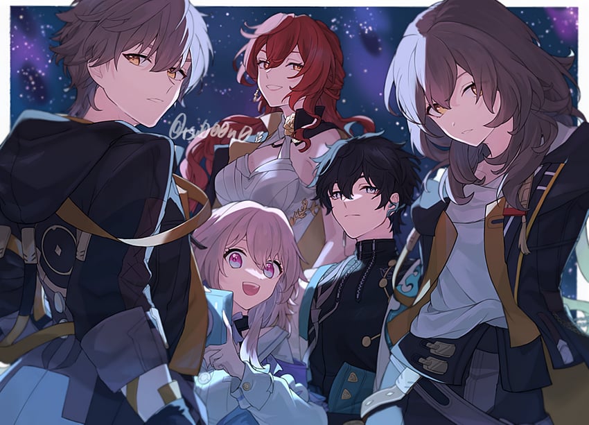 trailblazer, stelle, march 7th, caelus, dan heng, and 1 more (honkai and 1 more) drawn by suitchi_(gn4othi61)