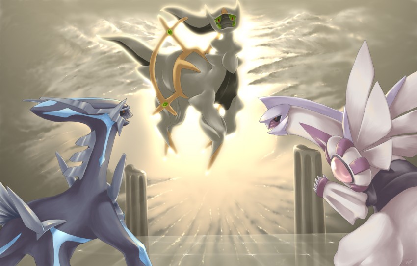 arceus, dialga, and palkia (pokemon and 1 more) drawn by glitchedpuppet