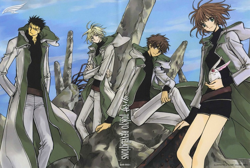 mokona, sakura hime, xiaolang, fai d. flowright, and kurogane (tsubasa chronicle) drawn by clamp_(circle)