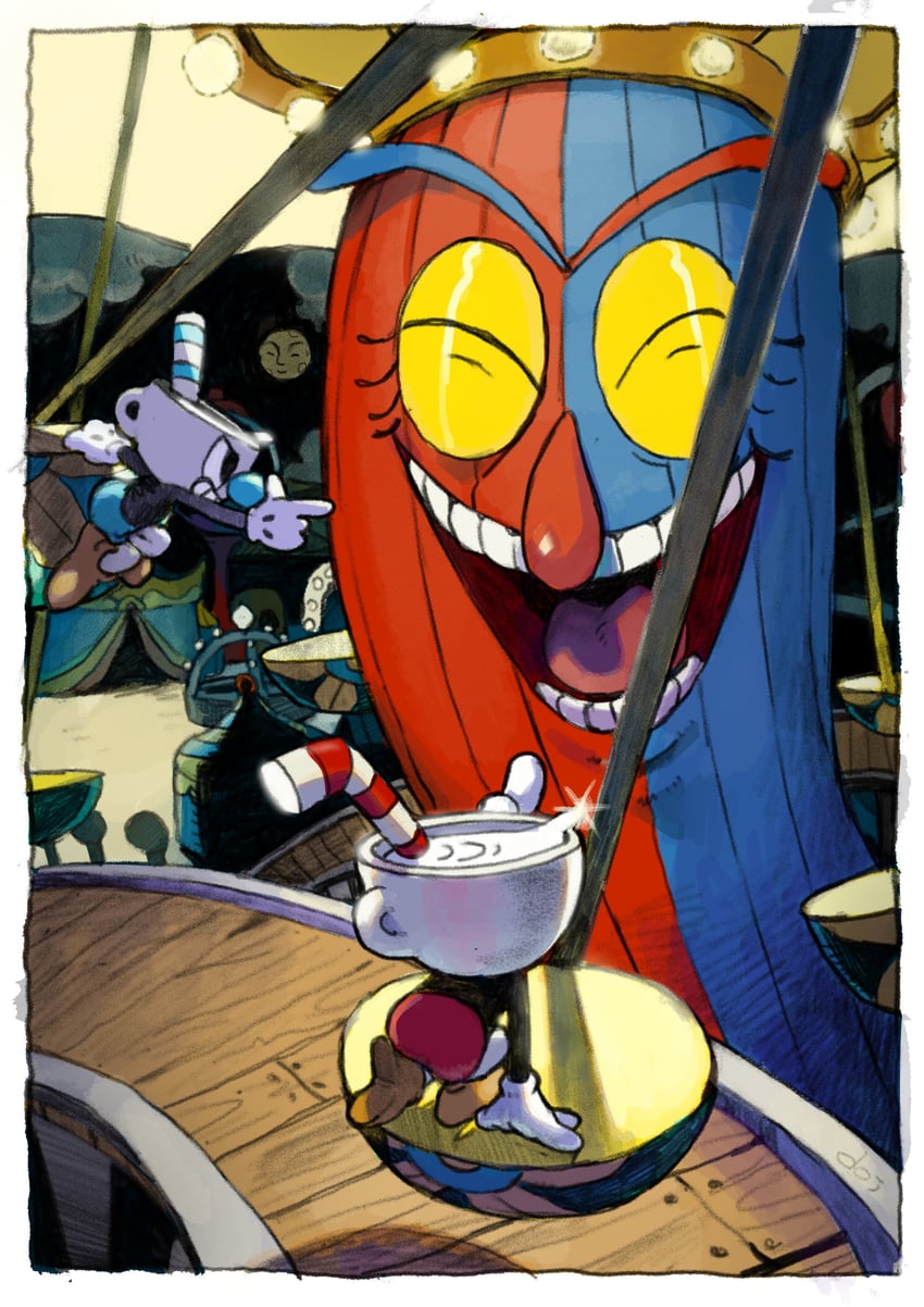 cuphead, mugman, and beppi the clown (cuphead) drawn by doi_m2000