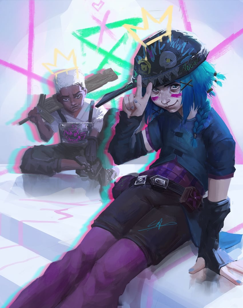 jinx, ekko, firelight ekko, and powder (league of legends and 1 more) drawn by sophyucha