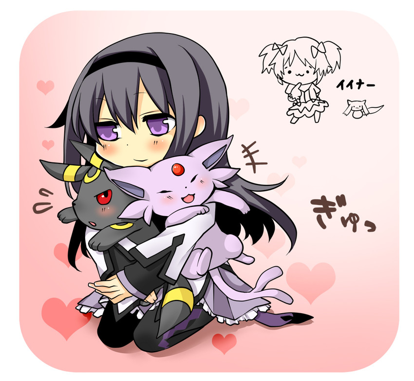 akemi homura, kaname madoka, kyubey, umbreon, and espeon (pokemon and 1 more) drawn by sakurako_(moutan)