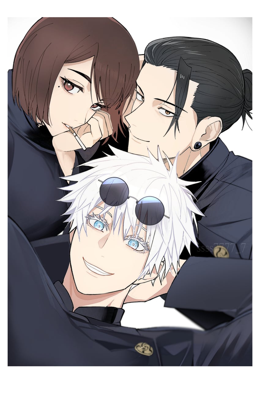 gojou satoru, getou suguru, and ieiri shoko (jujutsu kaisen) drawn by ssss7777_7