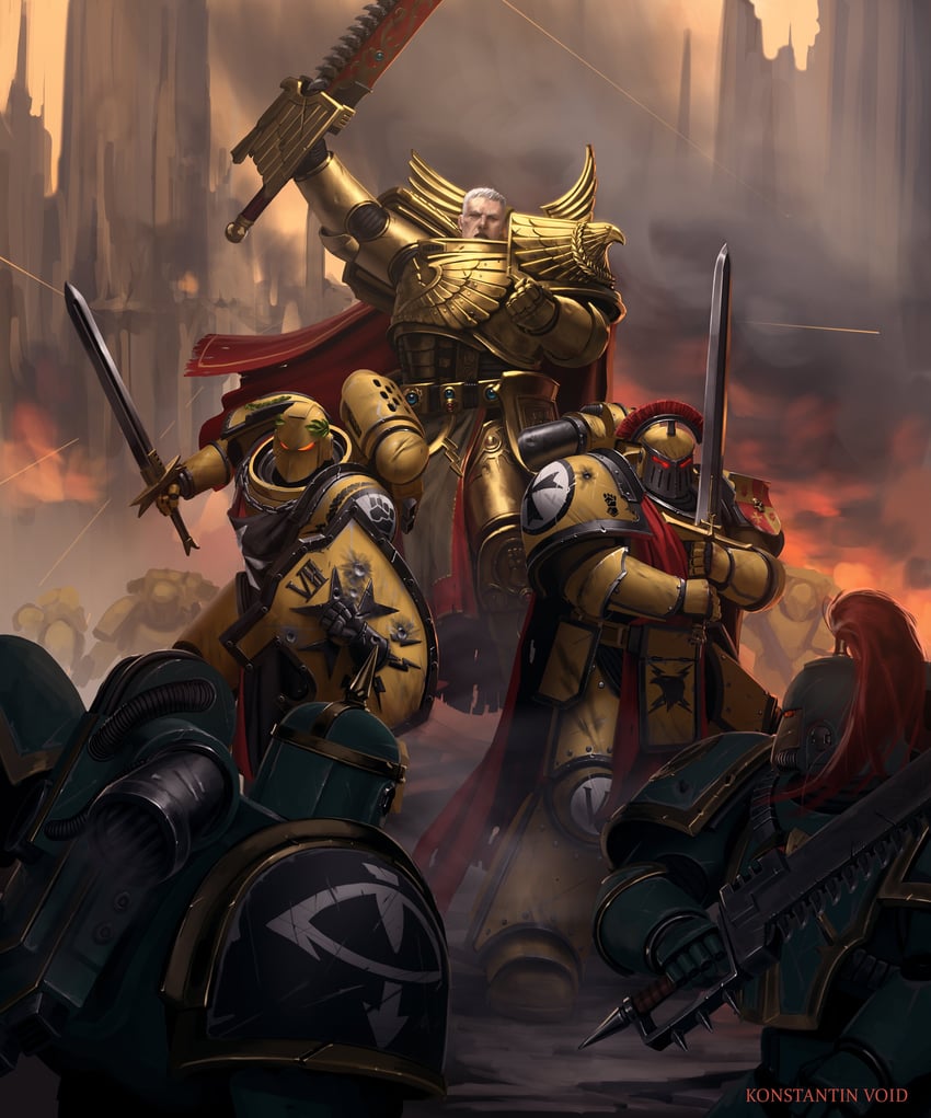 adeptus astartes, chaos space marine, and rogal dorn (warhammer 40k) drawn by konstantinvoid