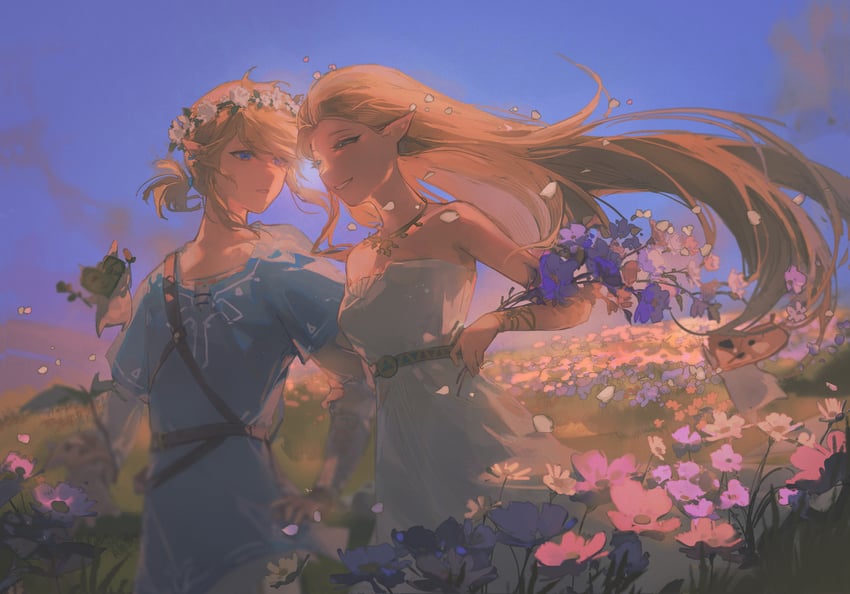 link, princess zelda, and korok (the legend of zelda and 1 more) drawn by gjygyao