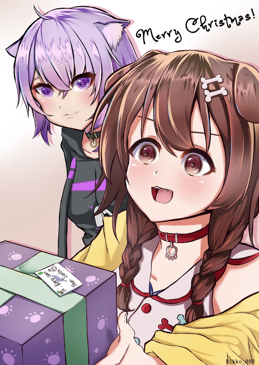 nekomata okayu and inugami korone (hololive) drawn by rikko-03