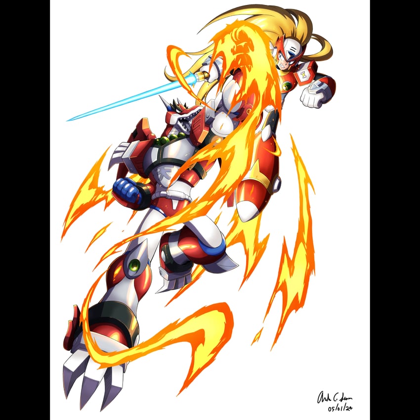 zero and magma dragoon (mega man and 2 more) drawn by innovator123