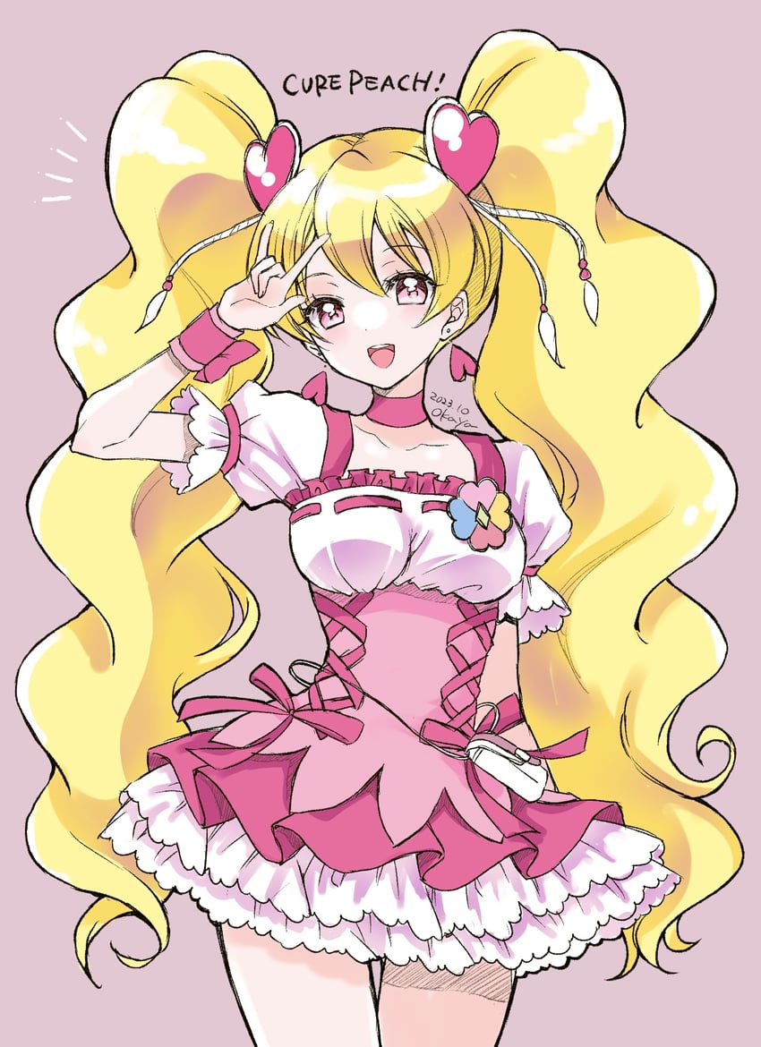 momozono love and cure peach (precure and 1 more) drawn by okayashi