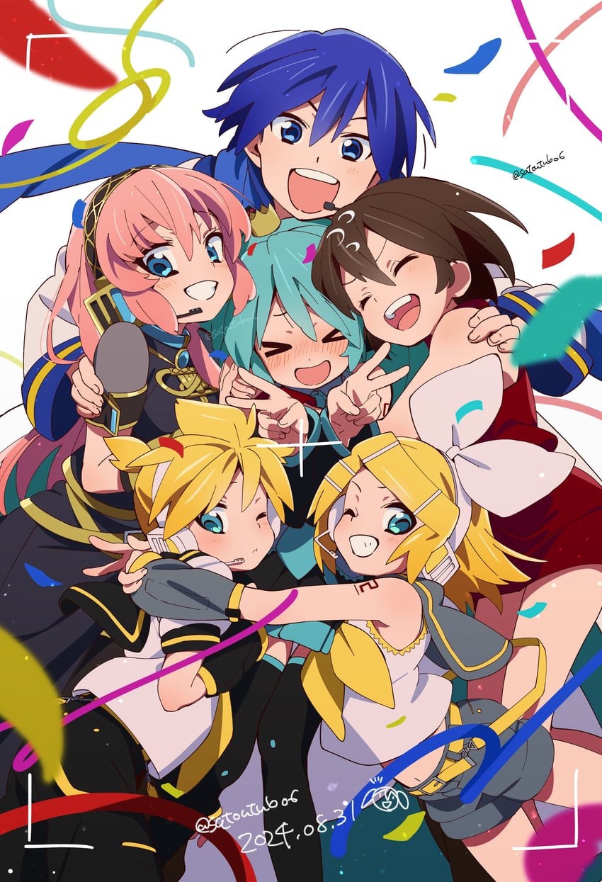 hatsune miku, kagamine rin, kagamine len, megurine luka, kaito, and 1 more (vocaloid) drawn by satou_asuka