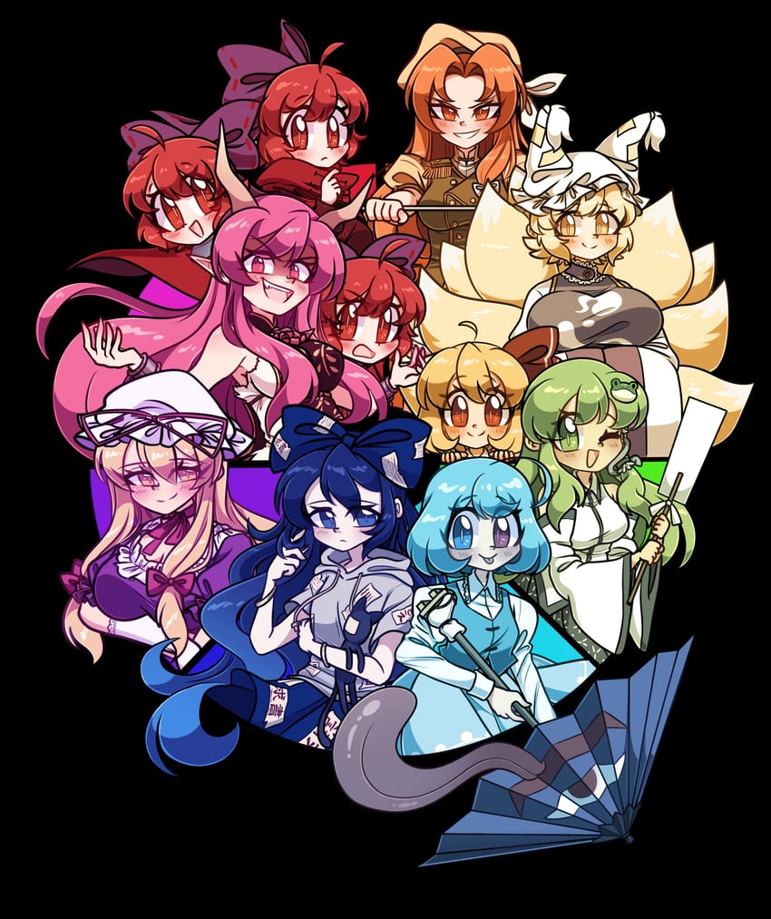 kochiya sanae, yakumo yukari, yakumo ran, rumia, tatara kogasa, and 5 more (touhou) drawn by littlecloudie