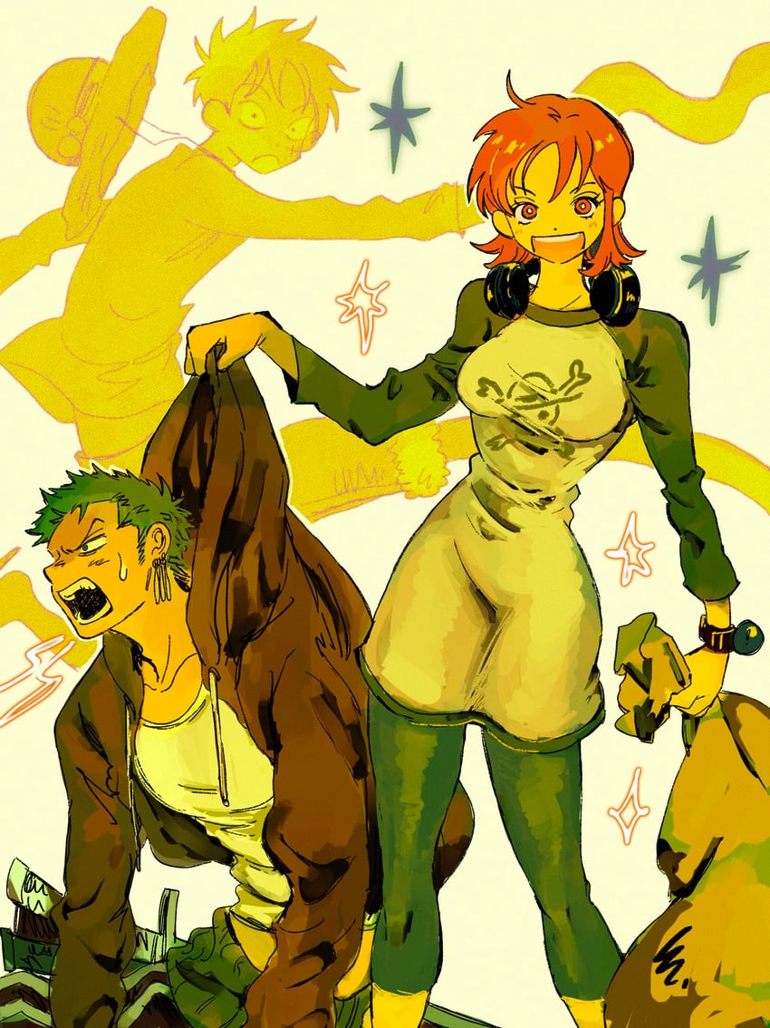 nami, monkey d. luffy, and roronoa zoro (one piece) drawn by makenevemoiine