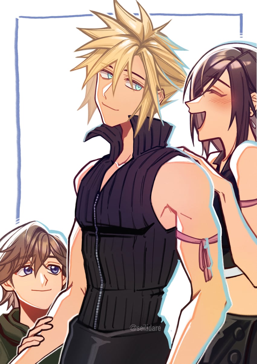 tifa lockhart, cloud strife, and denzel (final fantasy and 2 more) drawn by seilidare